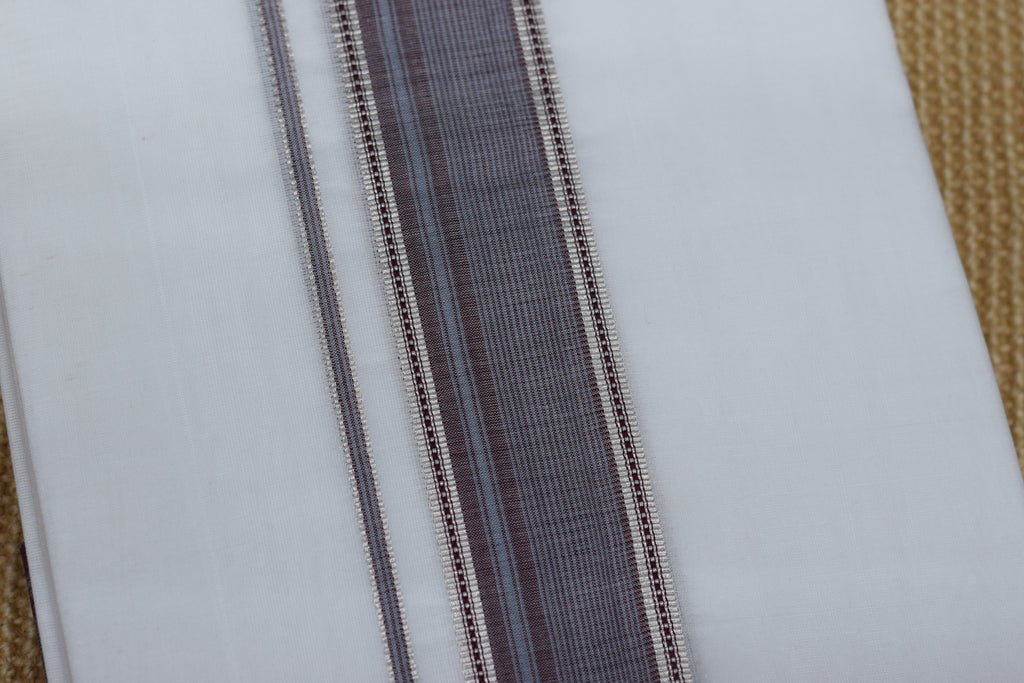 Premium Cotton Double Mundu with Maroon & Silver Kasavu Border