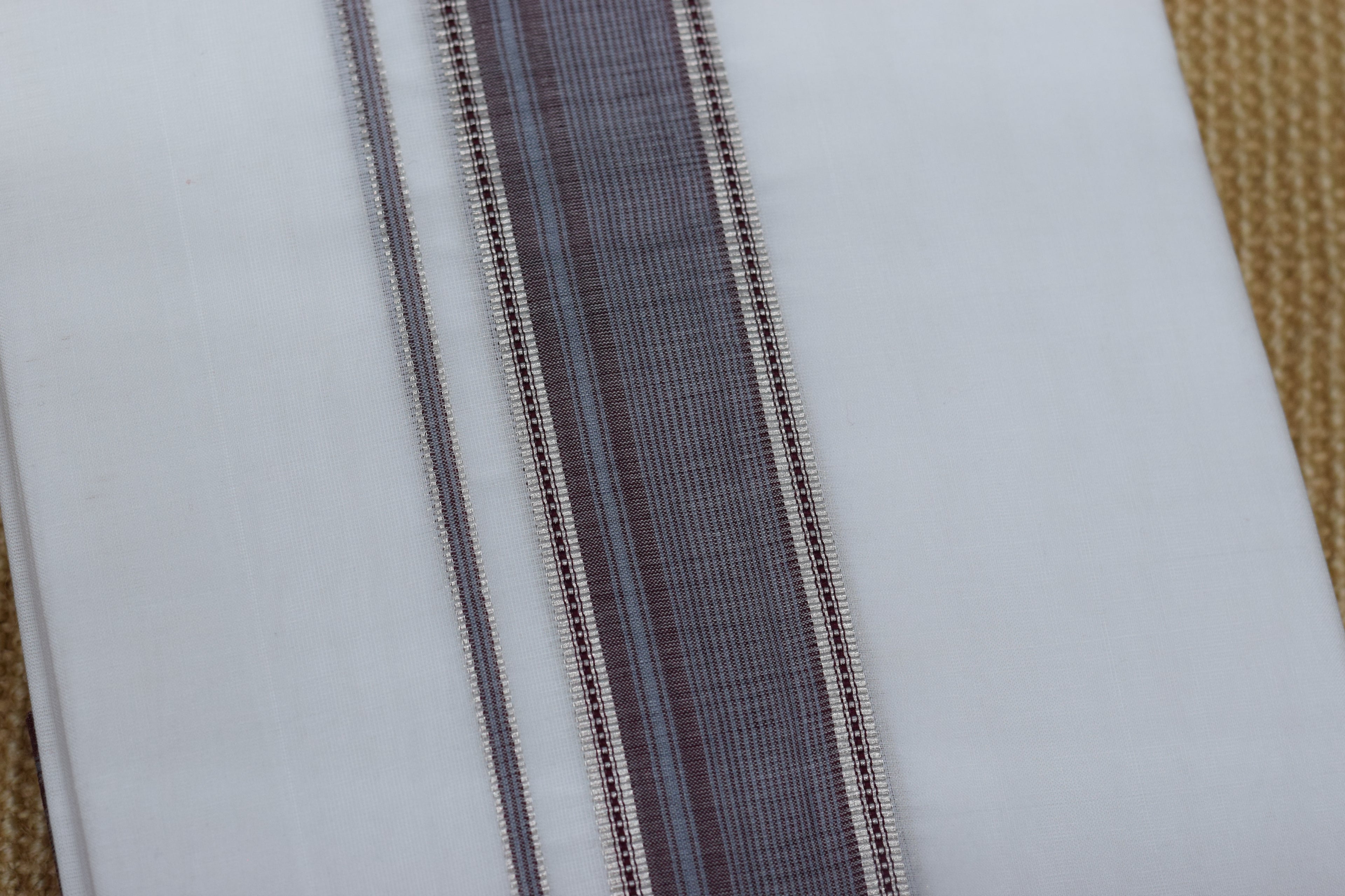 Premium Cotton Double Mundu with Maroon & Silver Kasavu Border