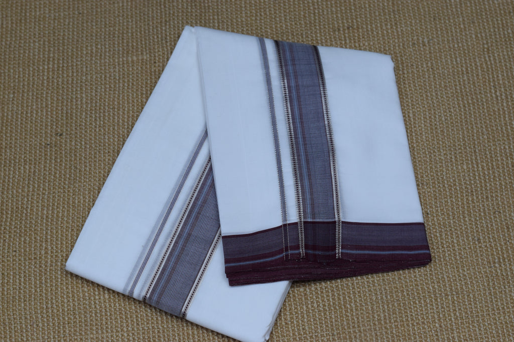 Premium Cotton Double Mundu with Maroon & Silver Kasavu Border