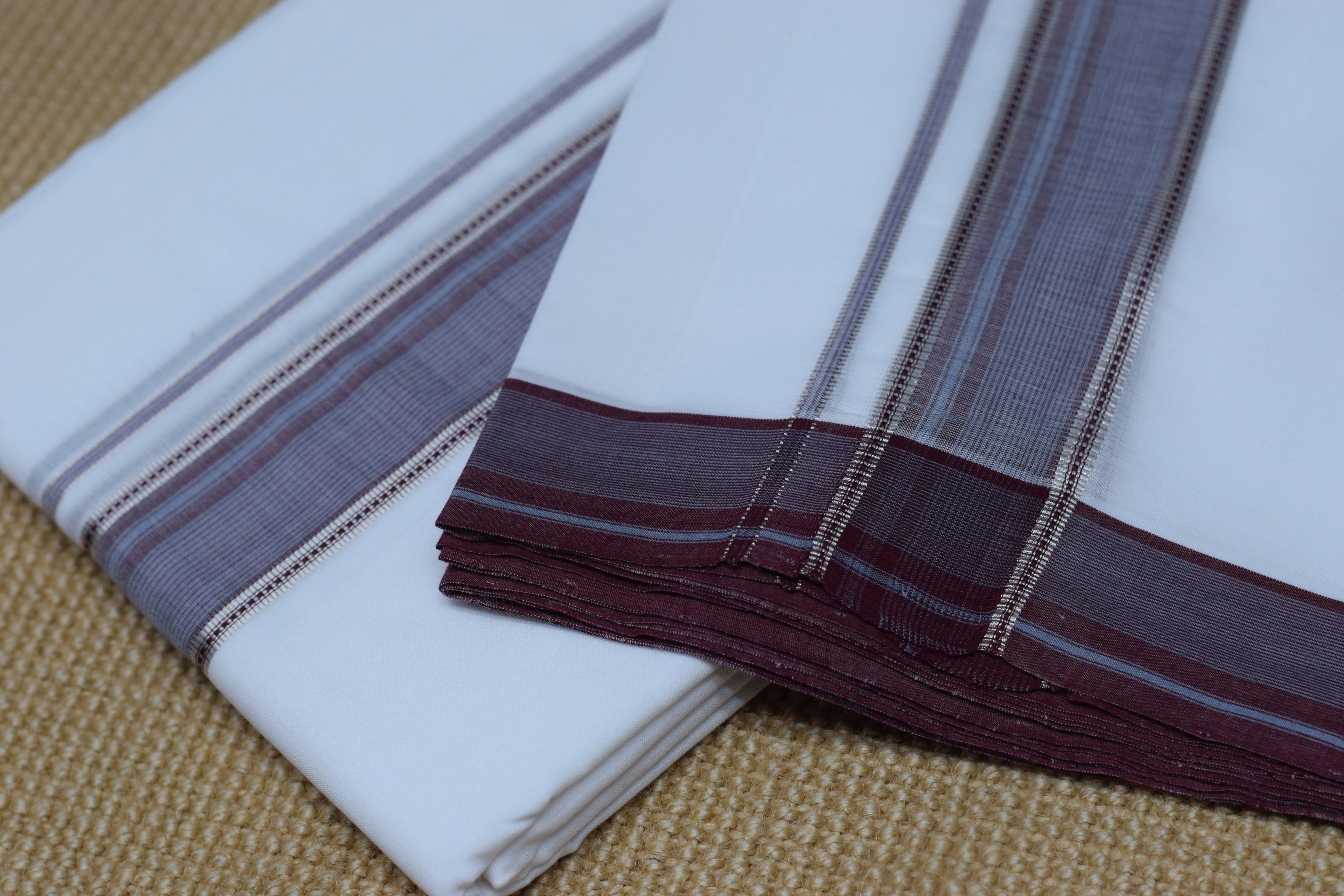 Premium Cotton Double Mundu with Maroon & Silver Kasavu Border