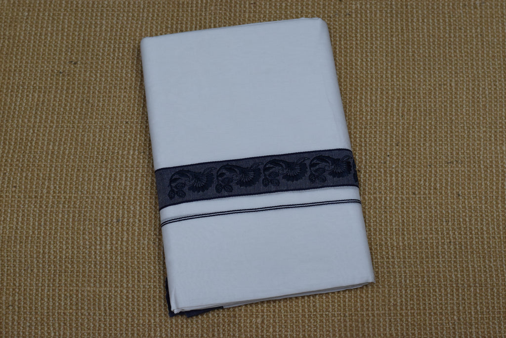 Premium White Cotton Double Mundu with Navy Blue Kasavu Border