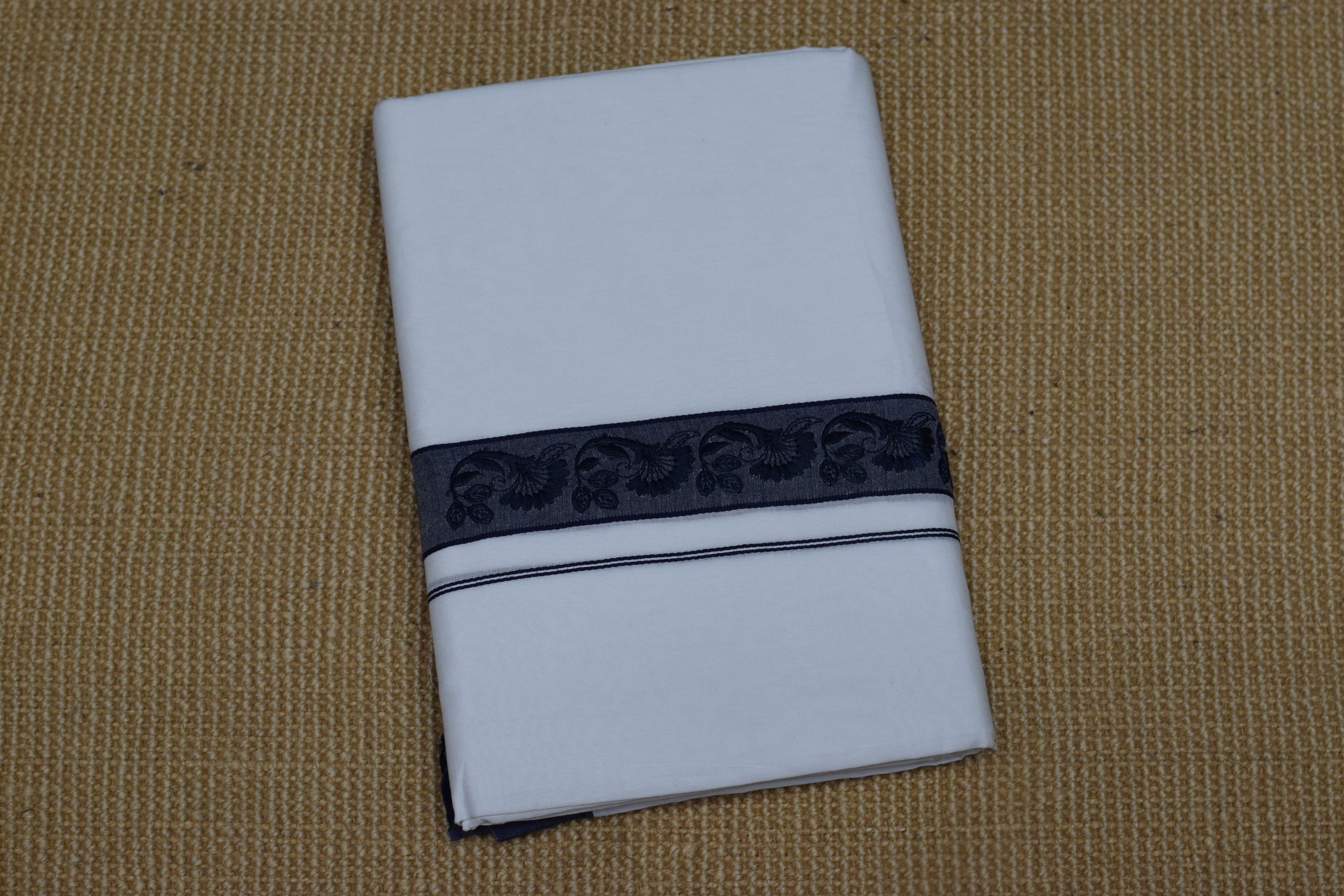 Premium White Cotton Double Mundu with Navy Blue Kasavu Border