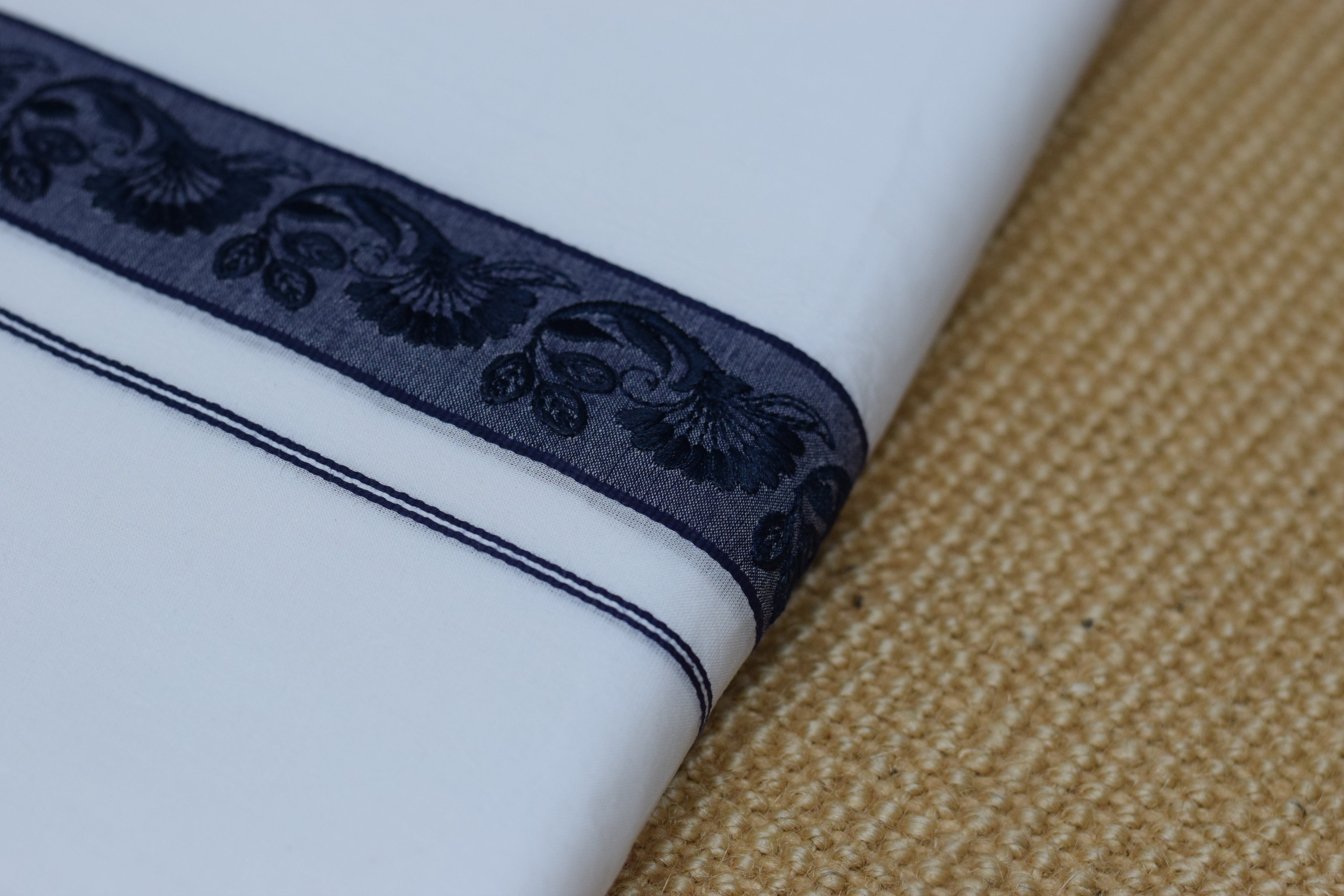 Premium White Cotton Double Mundu with Navy Blue Kasavu Border