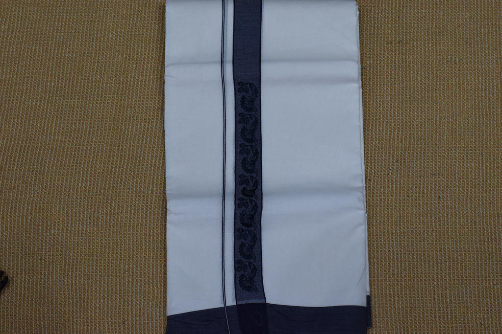 Premium White Cotton Double Mundu with Navy Blue Kasavu Border