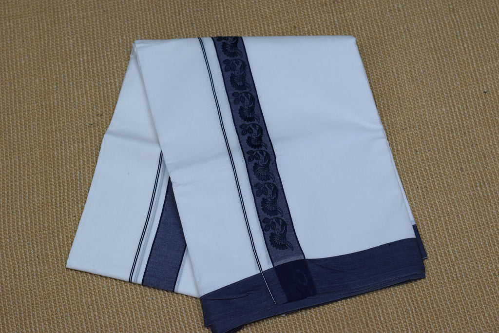 Premium White Cotton Double Mundu with Navy Blue Kasavu Border