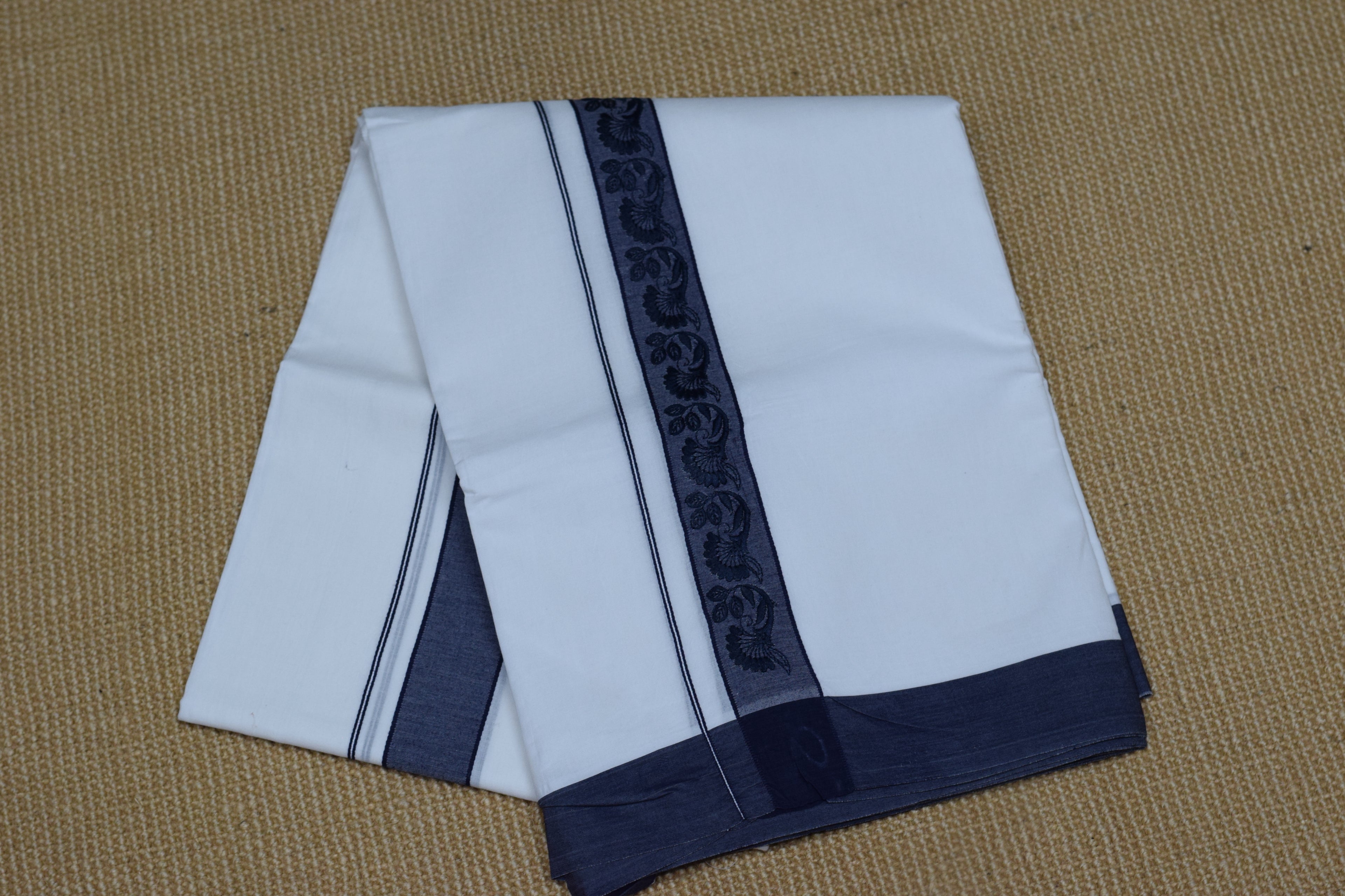 Premium White Cotton Double Mundu with Navy Blue Kasavu Border