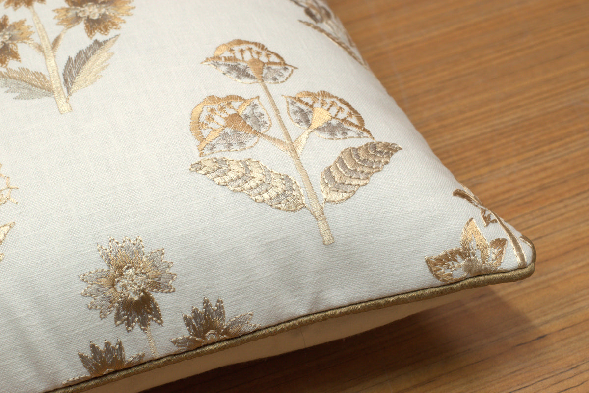 Elegant Floral Embroidered Cushion Covers in Cream and Gold – Set of 5