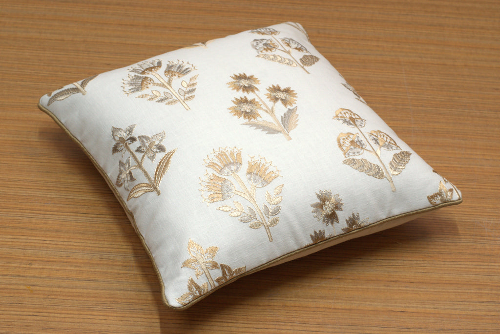 Elegant Floral Embroidered Cushion Covers in Cream and Gold – Set of 5