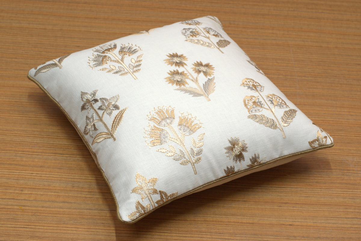 Elegant Floral Embroidered Cushion Covers in Cream and Gold – Set of 5