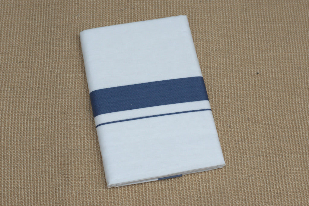 Premium Cotton Double Mundu with Blue Kasavu Border