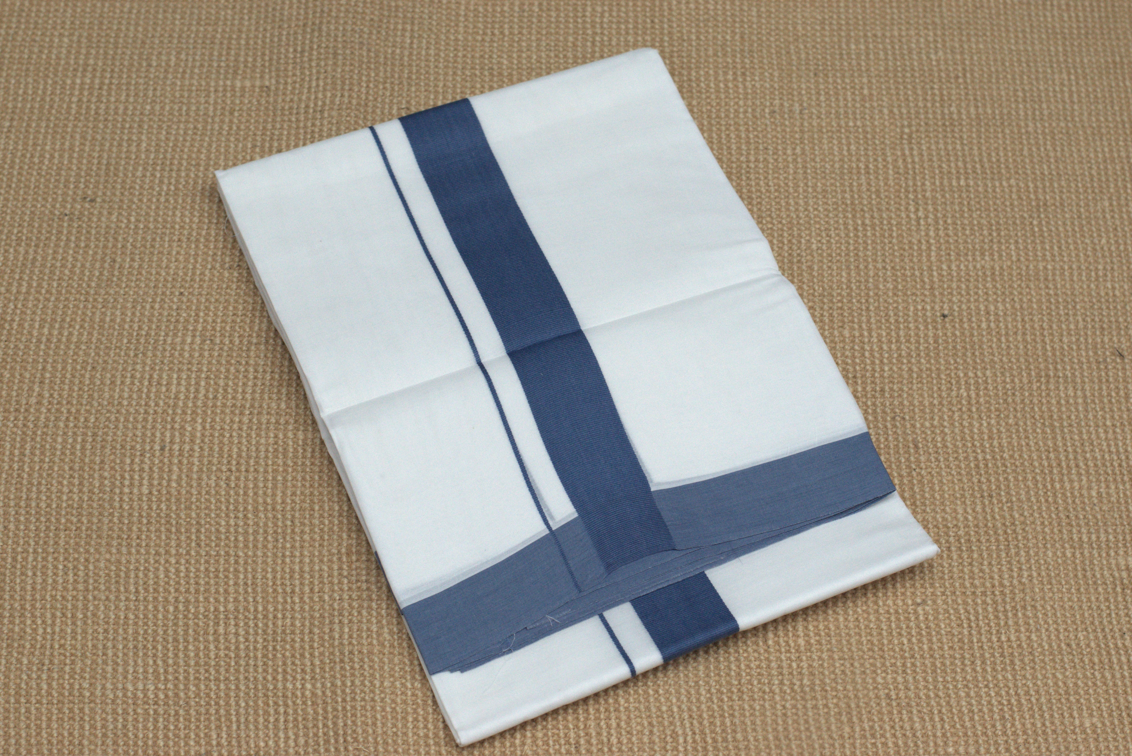 Premium Cotton Double Mundu with Blue Kasavu Border