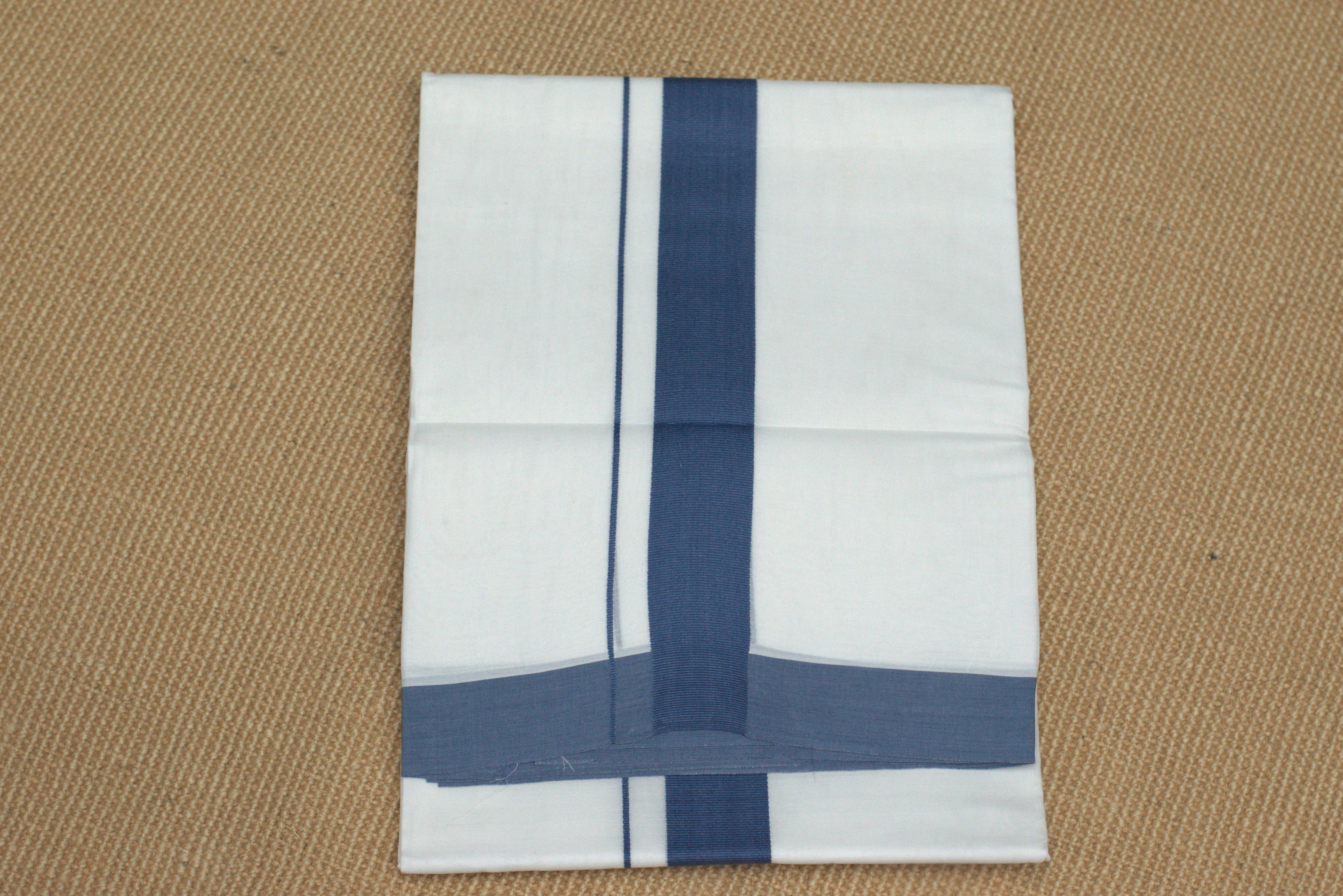 Premium Cotton Double Mundu with Blue Kasavu Border