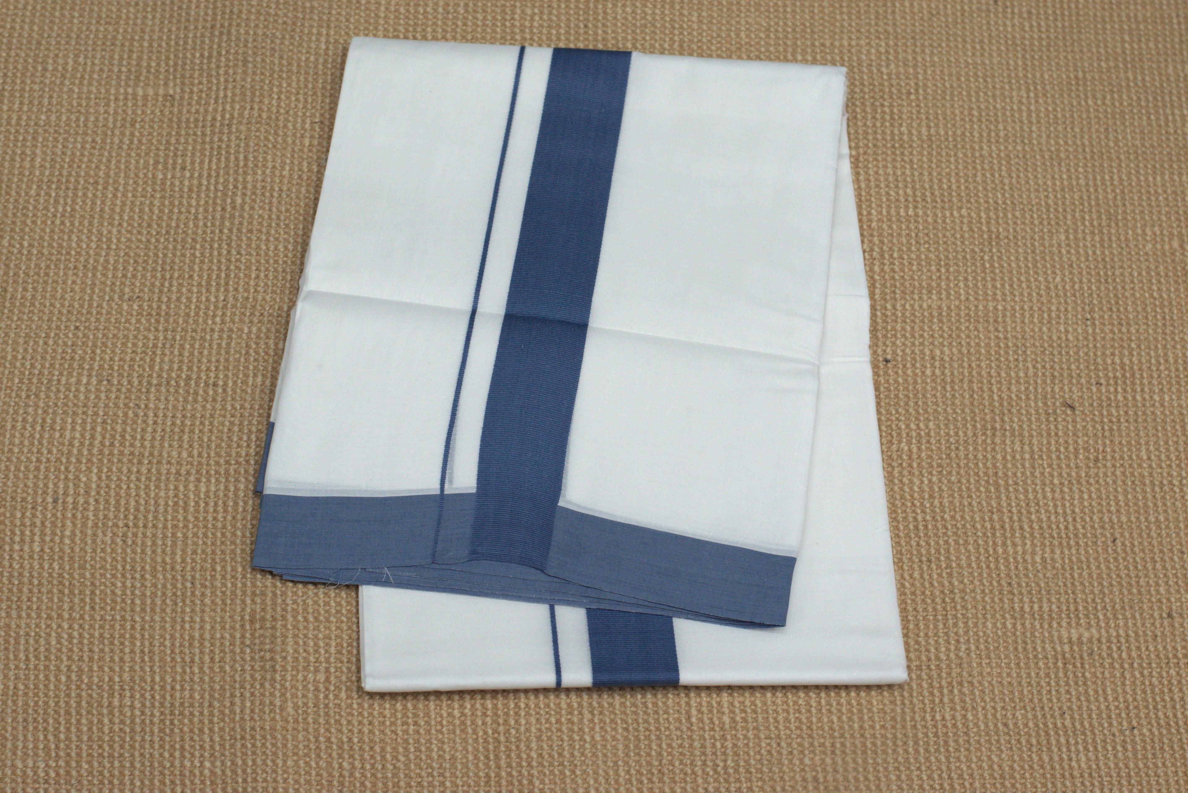Premium Cotton Double Mundu with Blue Kasavu Border