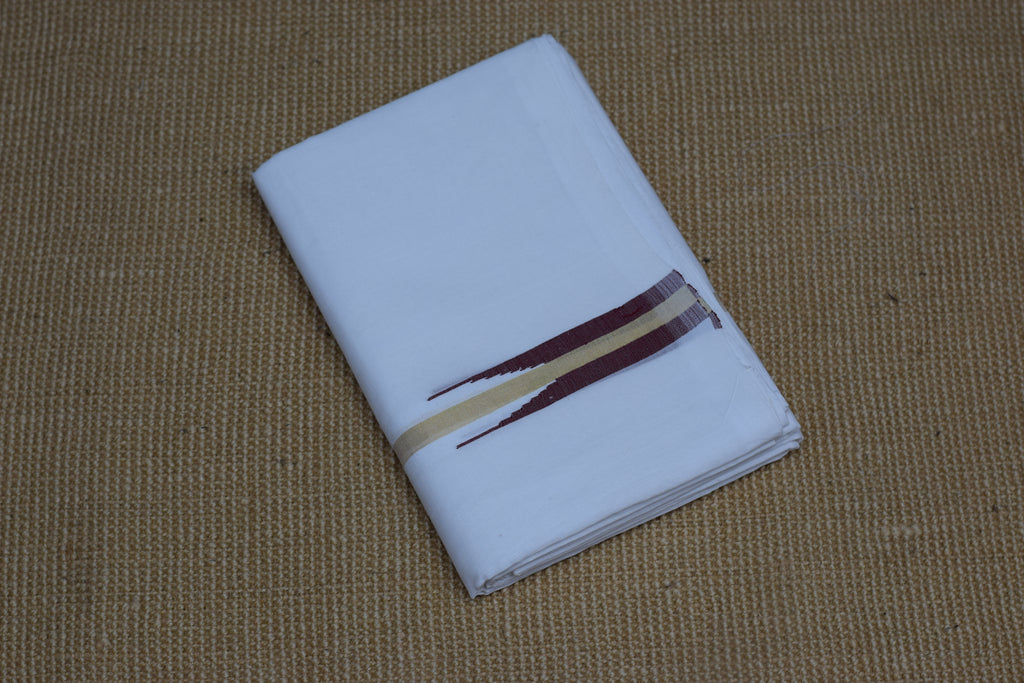 Premium White Cotton Double Mundu with Golden Kasavu & Maroon Border