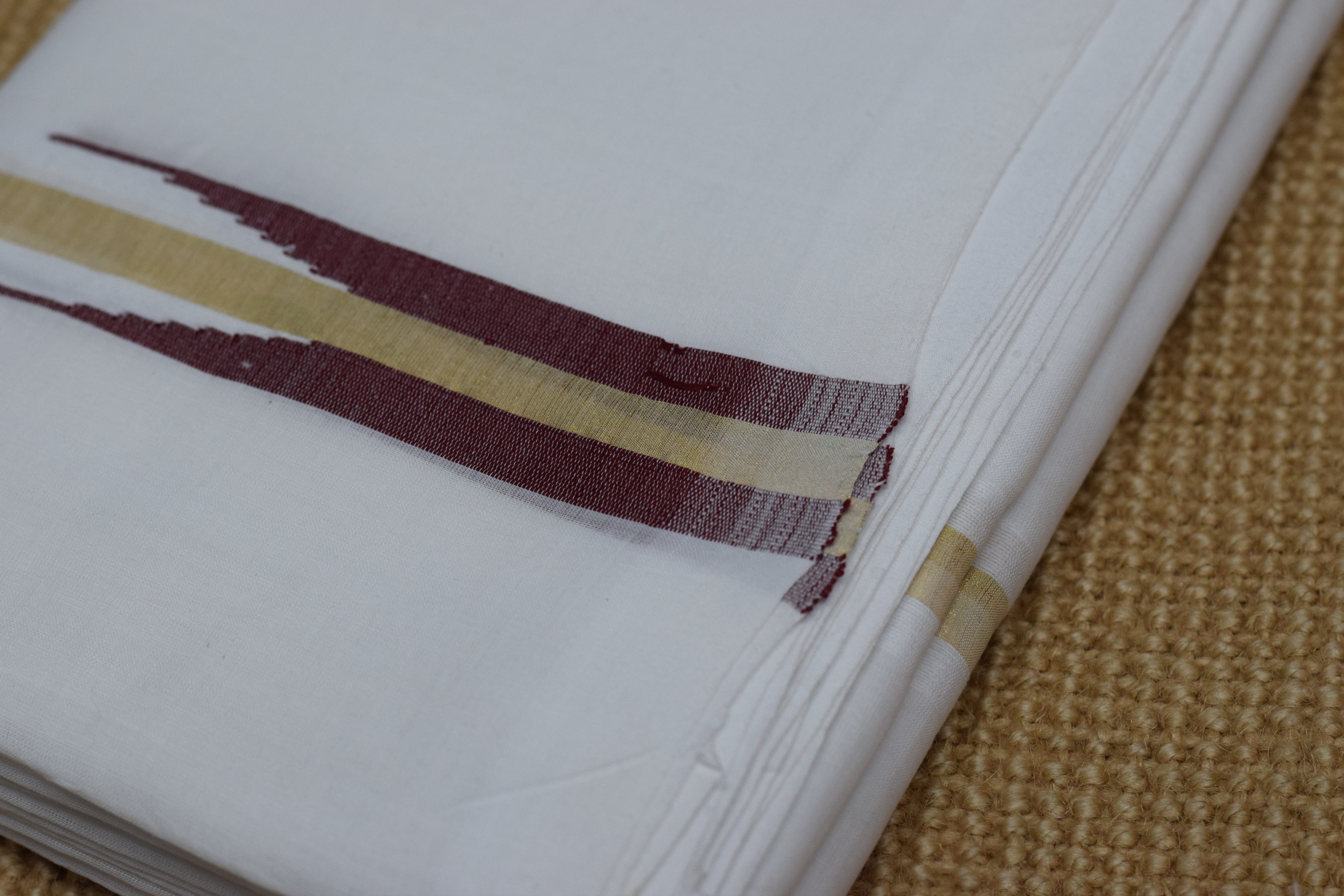 Premium White Cotton Double Mundu with Golden Kasavu & Maroon Border