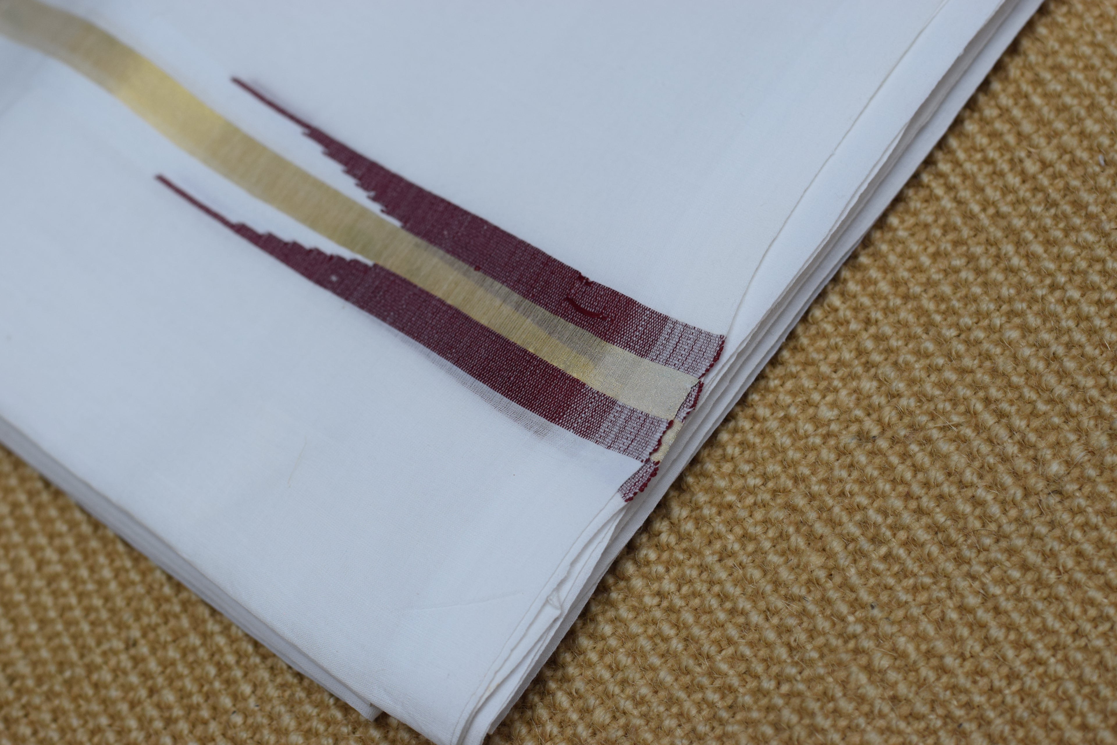 Premium White Cotton Double Mundu with Golden Kasavu & Maroon Border