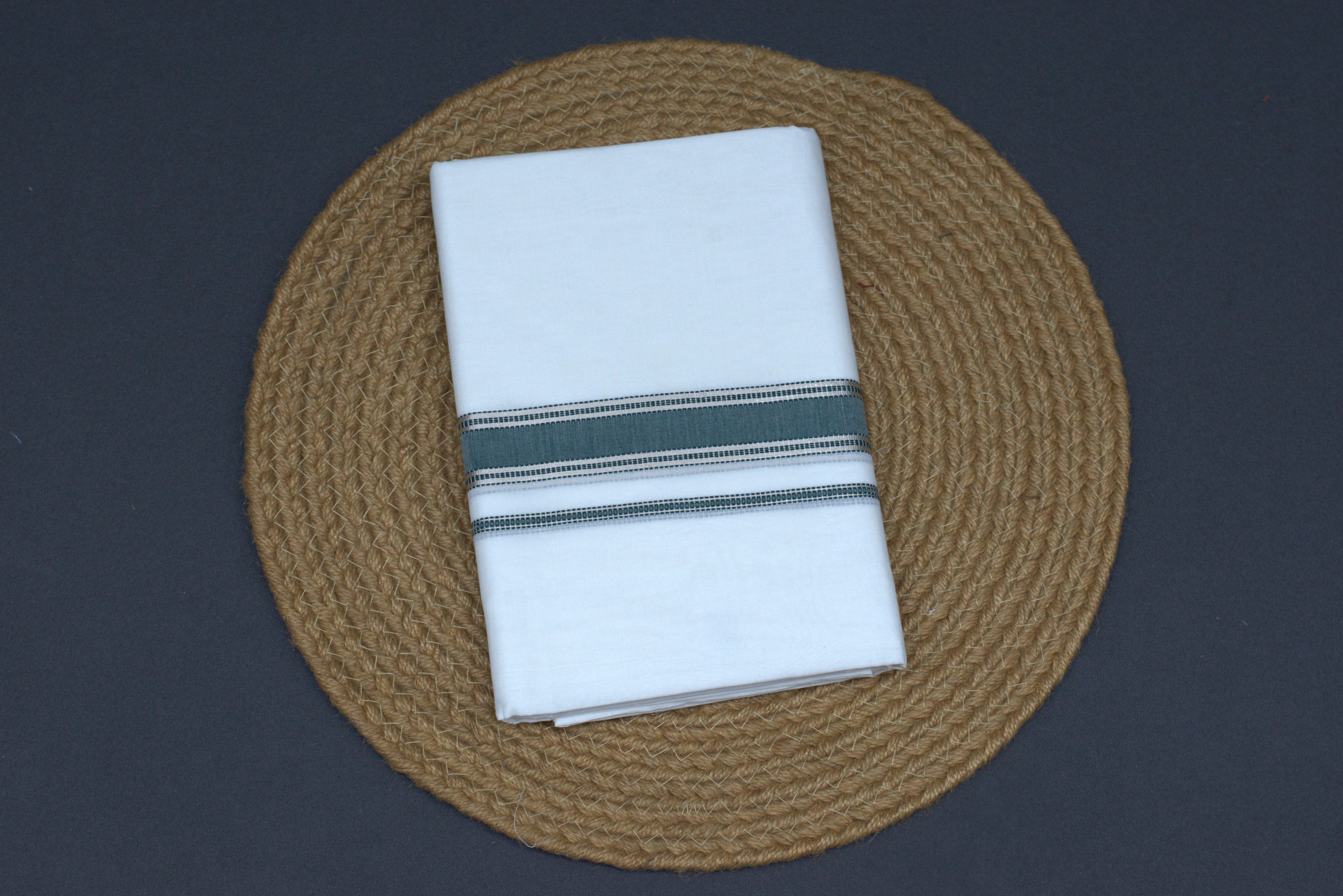 Premium White Cotton Mundu with Elegant Dark Green &Silver Kasavu Border