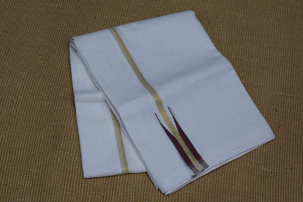 Premium White Cotton Double Mundu with Golden Kasavu & Maroon Border