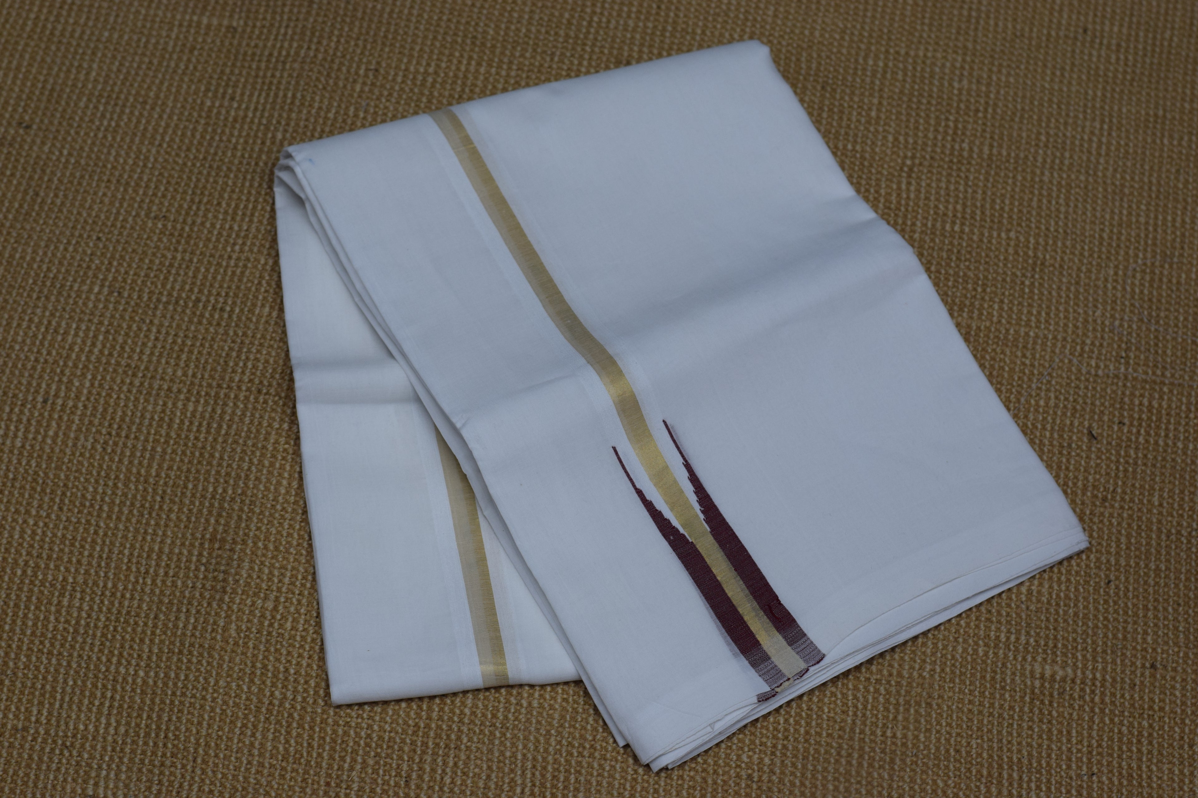 Premium White Cotton Double Mundu with Golden Kasavu & Maroon Border