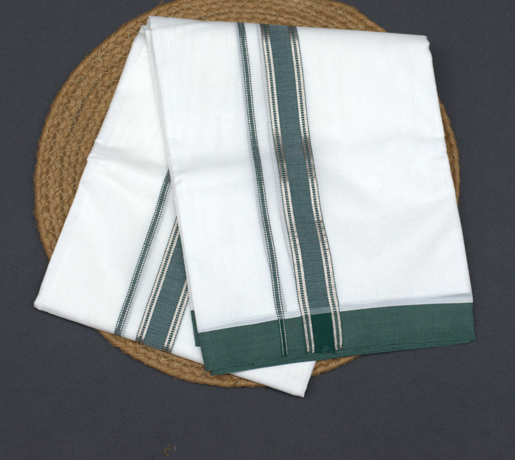 Premium White Cotton Mundu with Elegant Dark Green &Silver Kasavu Border