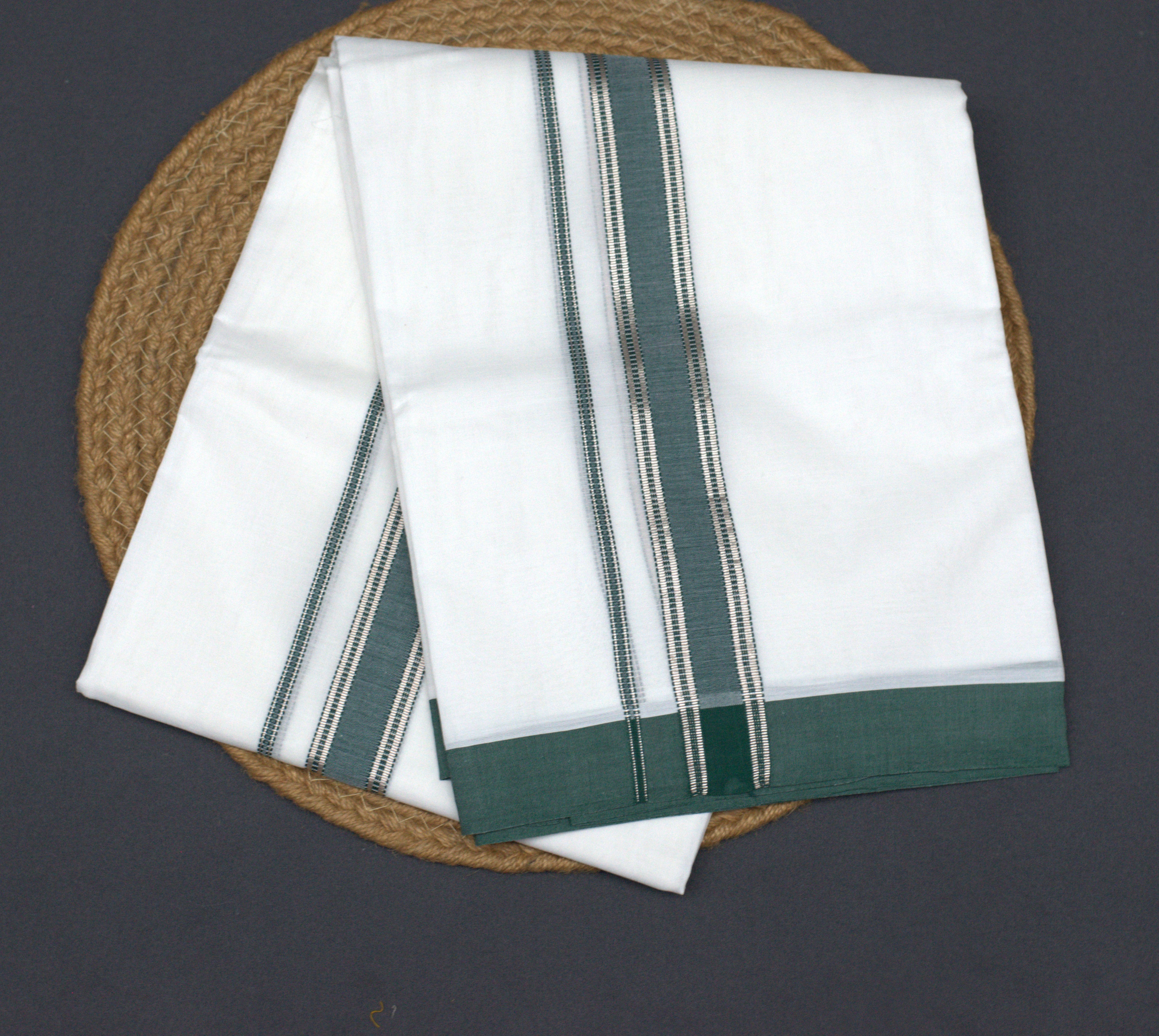 Premium White Cotton Mundu with Elegant Dark Green &Silver Kasavu Border