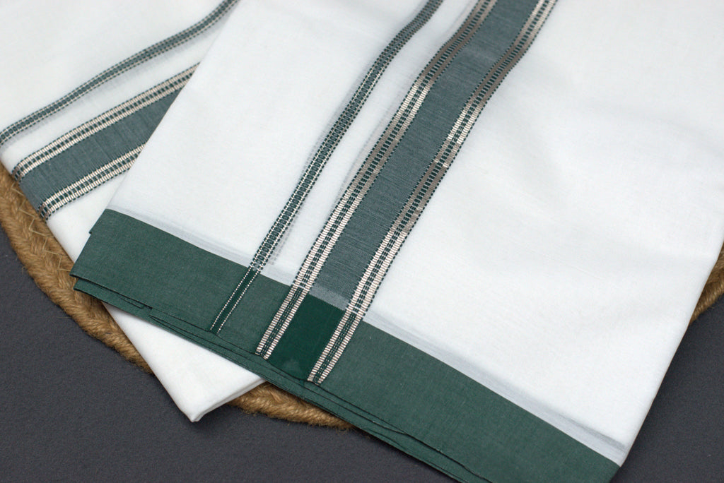 Premium White Cotton Mundu with Elegant Dark Green &Silver Kasavu Border