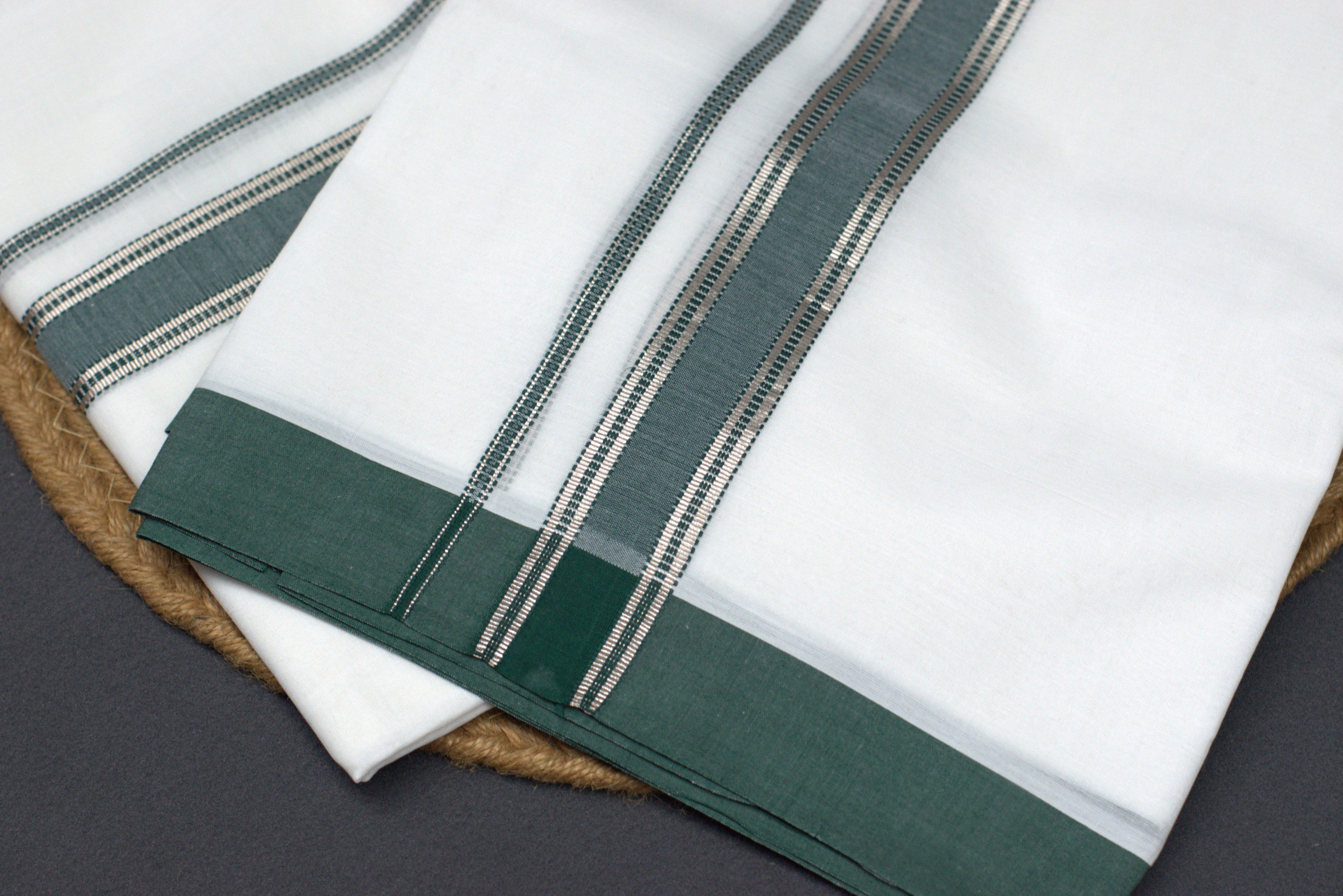 Premium White Cotton Mundu with Elegant Dark Green &Silver Kasavu Border