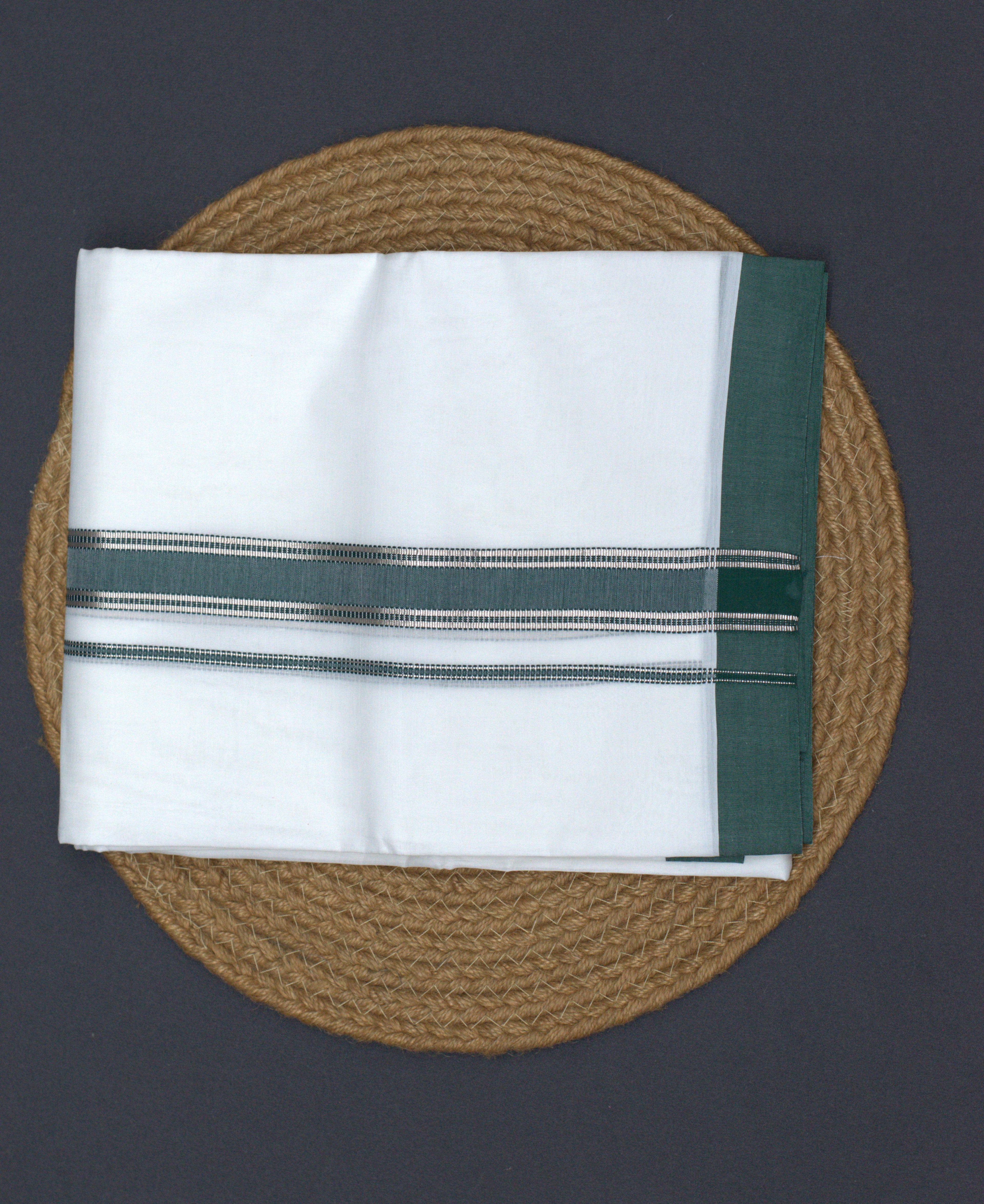 Premium White Cotton Mundu with Elegant Dark Green &Silver Kasavu Border