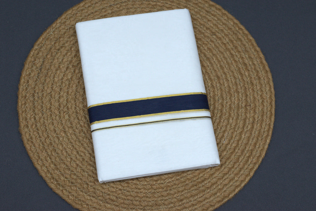 Traditional solid white body with a dual-tone Navy and Gold border