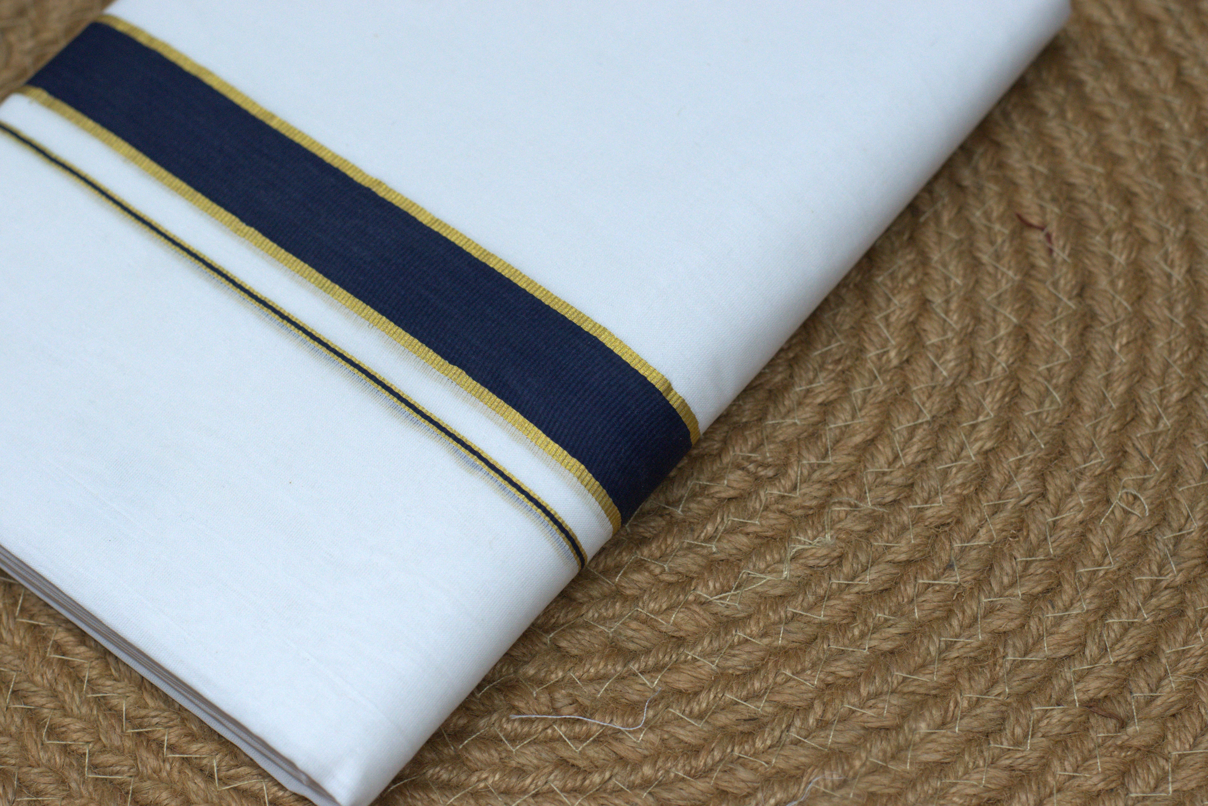 Traditional solid white body with a dual-tone Navy and Gold border