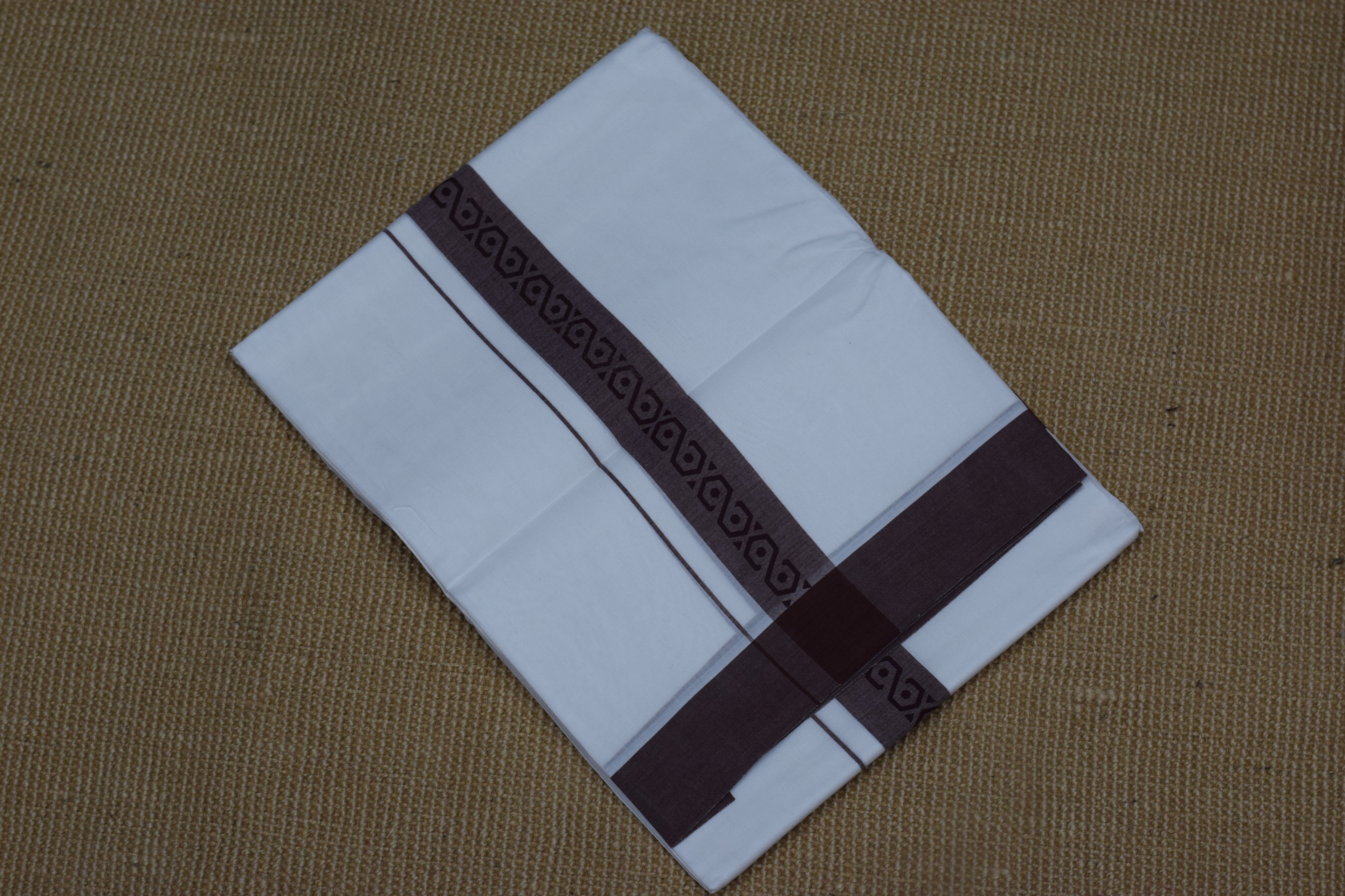 Premium White Cotton Double Mundu with Maroon Temple Border