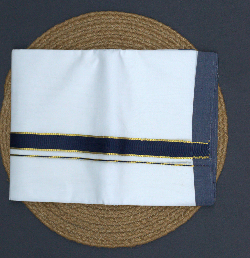 Traditional solid white body with a dual-tone Navy and Gold border