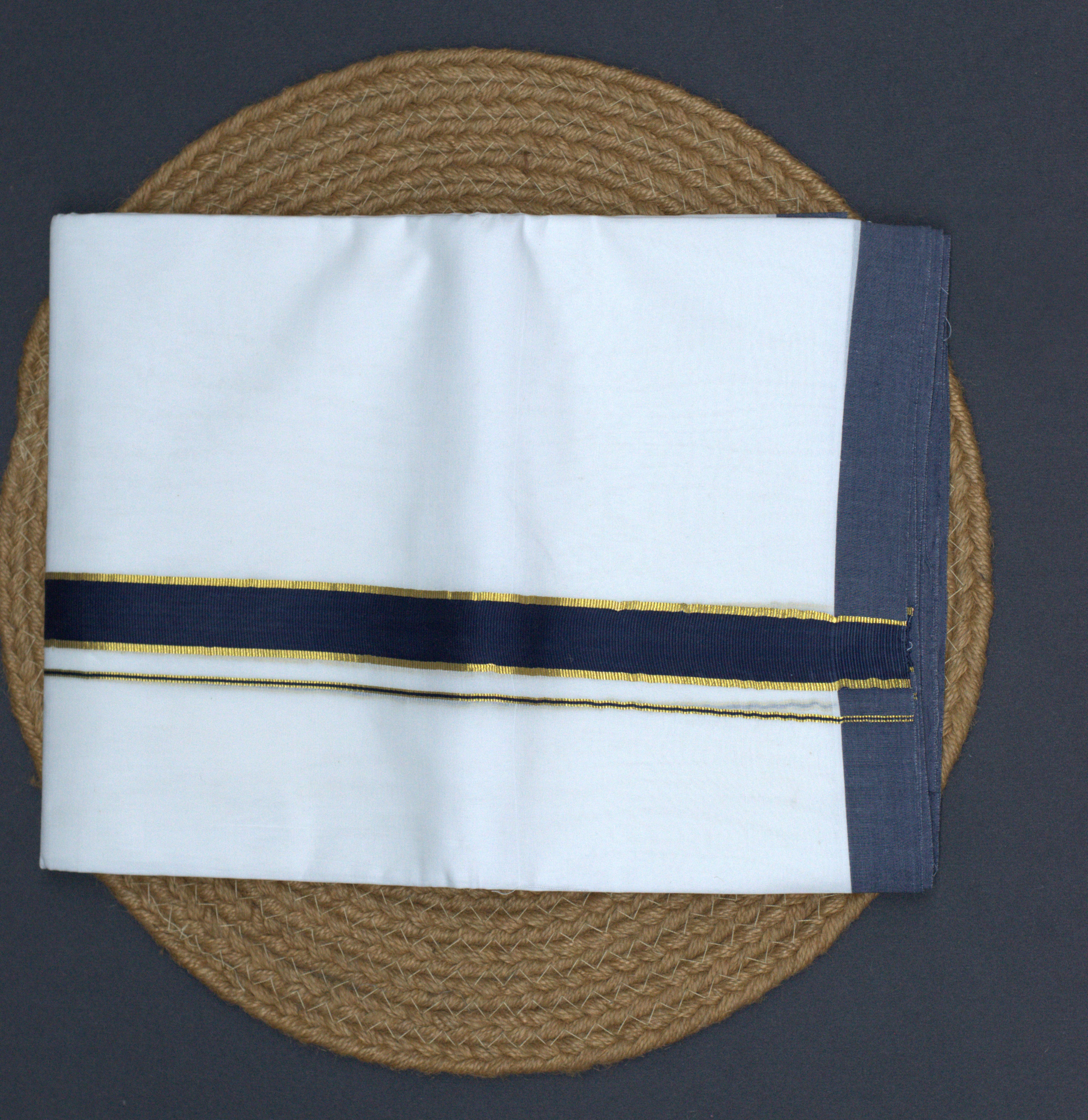 Traditional solid white body with a dual-tone Navy and Gold border