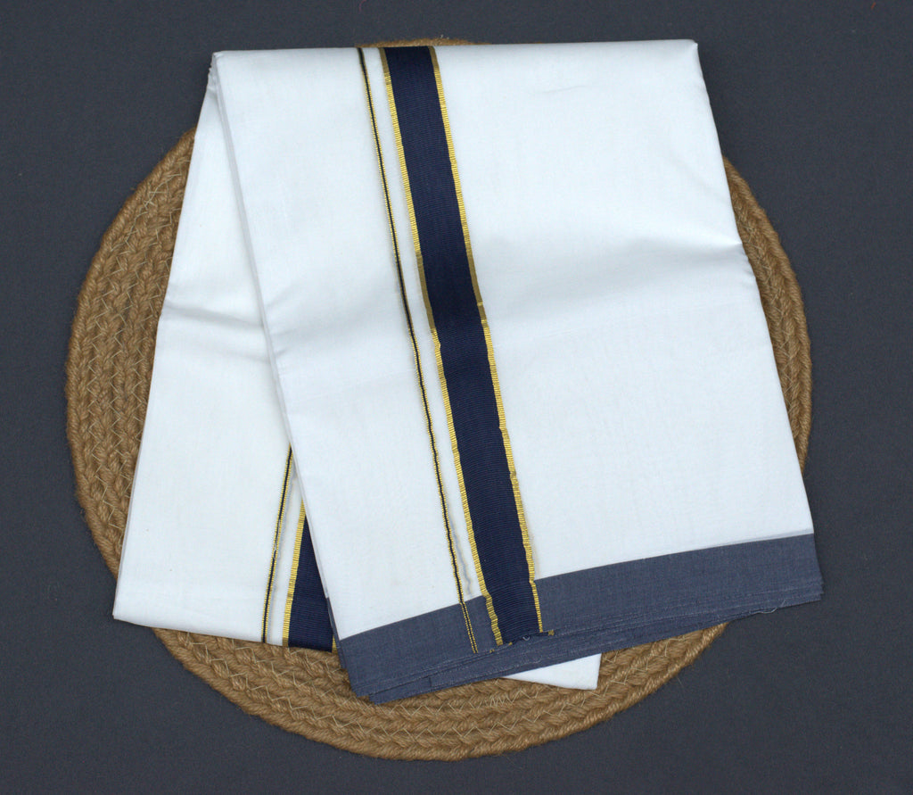 Traditional solid white body with a dual-tone Navy and Gold border