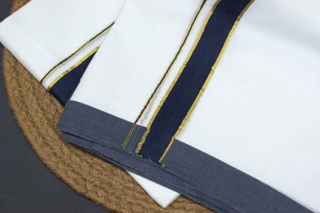 Traditional solid white body with a dual-tone Navy and Gold border