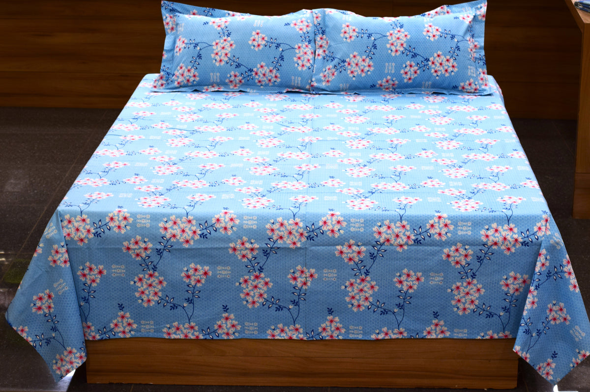Sky Blue Floral Printed Queen Size Bedspread – 90 x 100 Inches
