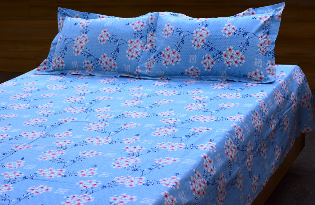 Sky Blue Floral Printed Queen Size Bedspread – 90 x 100 Inches