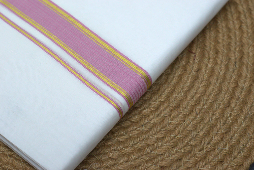 Traditional White Cotton Mundu with Rose Pink & Gold Kasavu Border