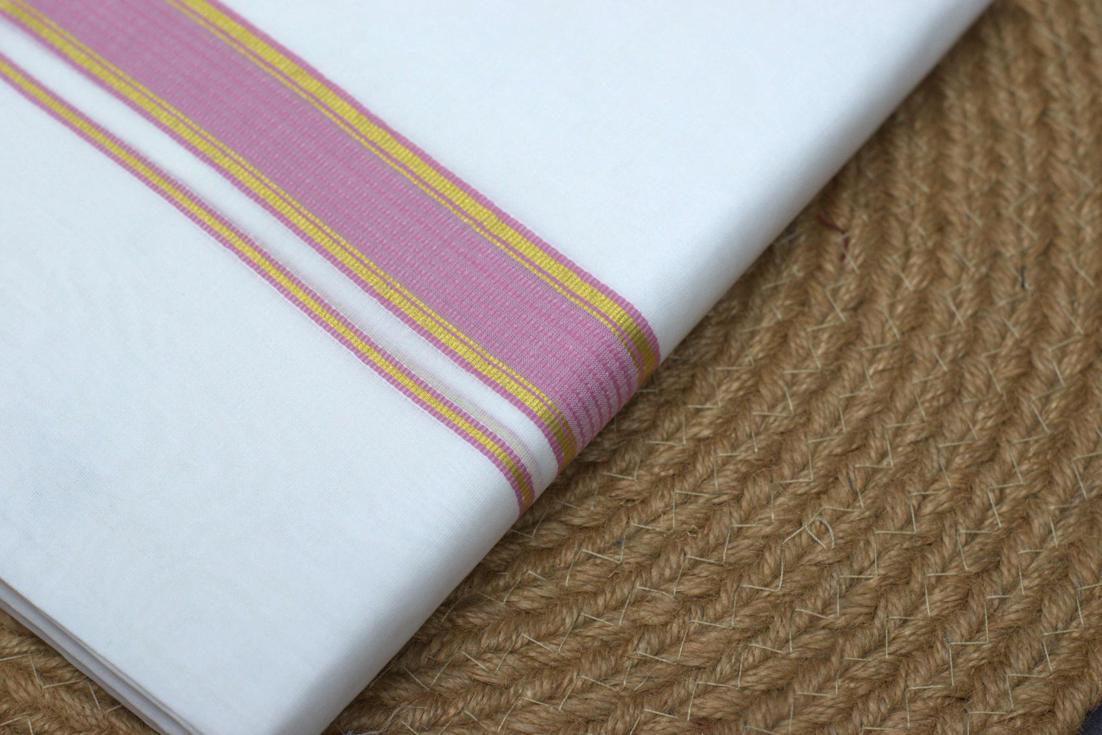 Traditional White Cotton Mundu with Rose Pink & Gold Kasavu Border