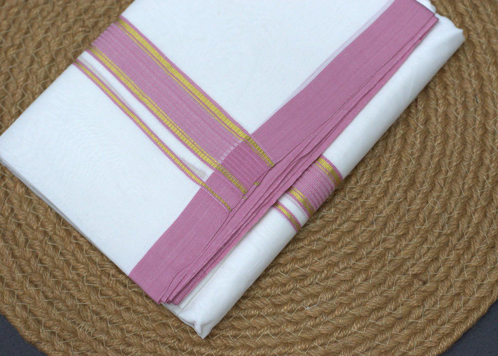 Traditional White Cotton Mundu with Rose Pink & Gold Kasavu Border
