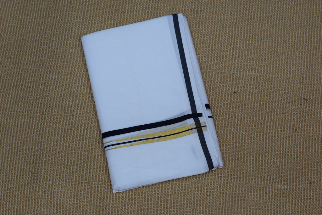 Premium White Cotton Double Mundu with Black & Gold Border