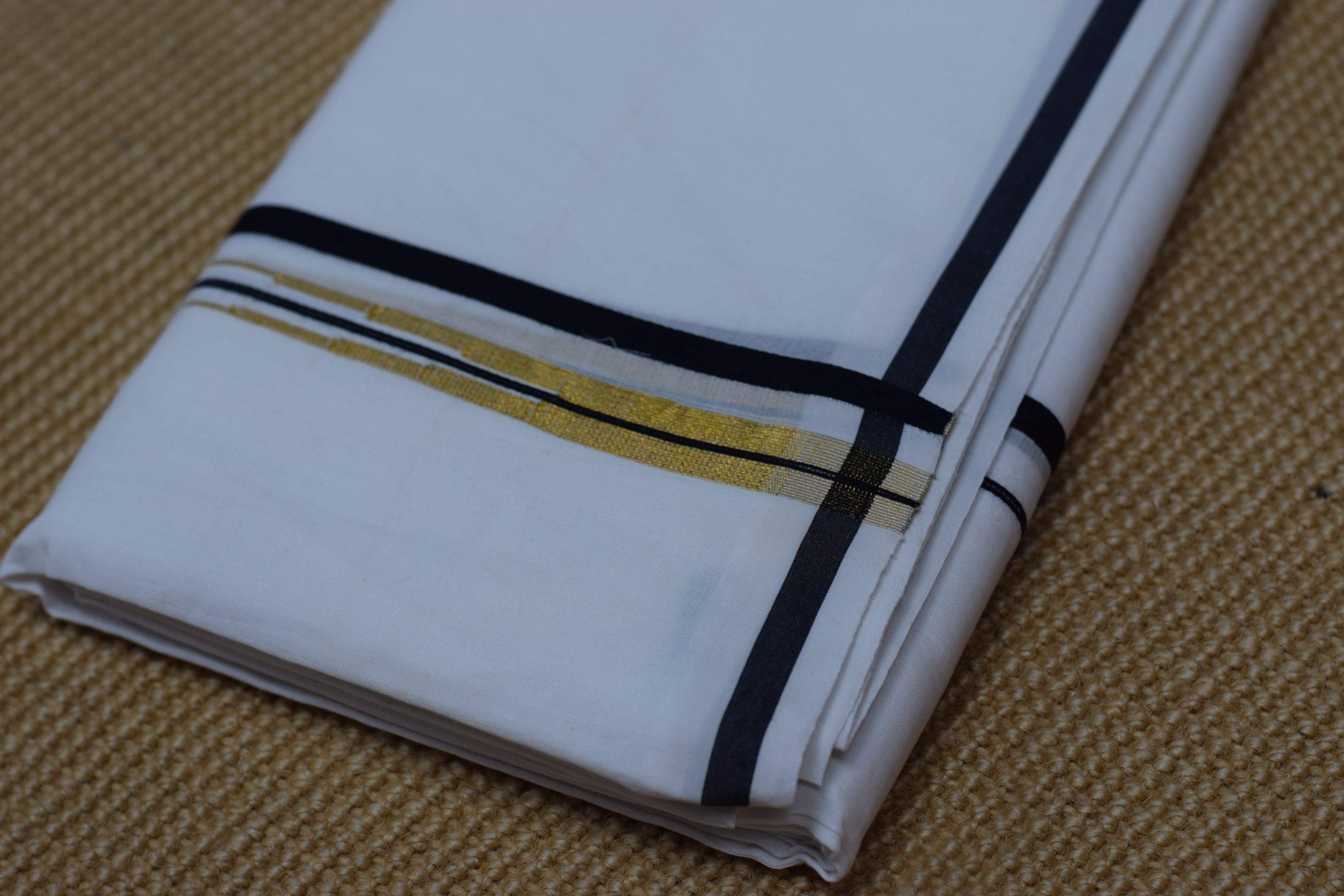 Premium White Cotton Double Mundu with Black & Gold Border