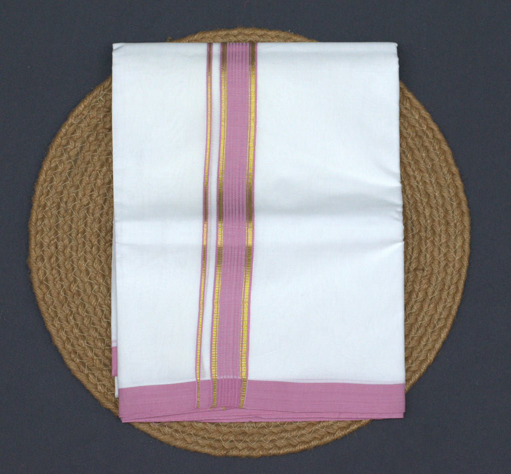 Traditional White Cotton Mundu with Rose Pink & Gold Kasavu Border