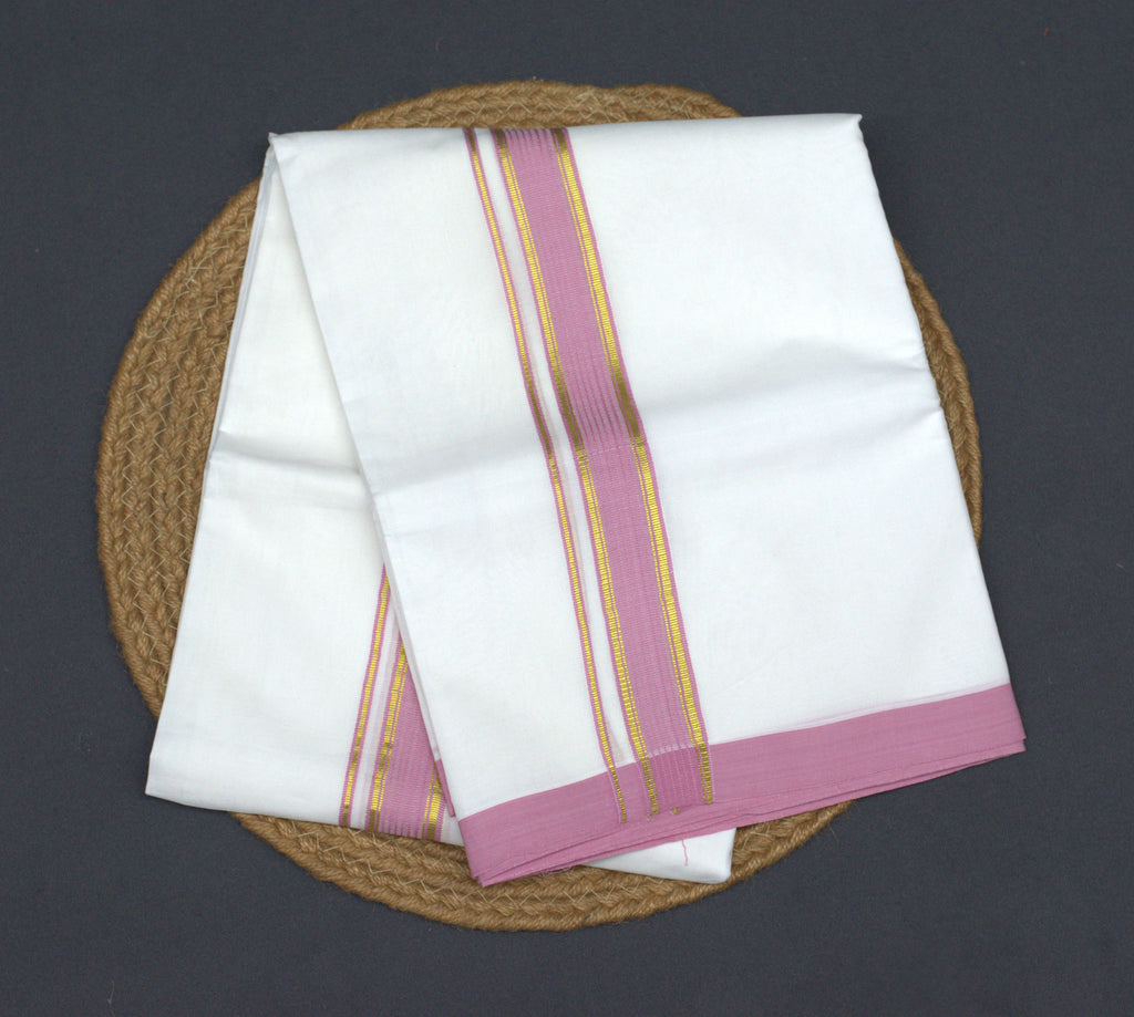 Traditional White Cotton Mundu with Rose Pink & Gold Kasavu Border