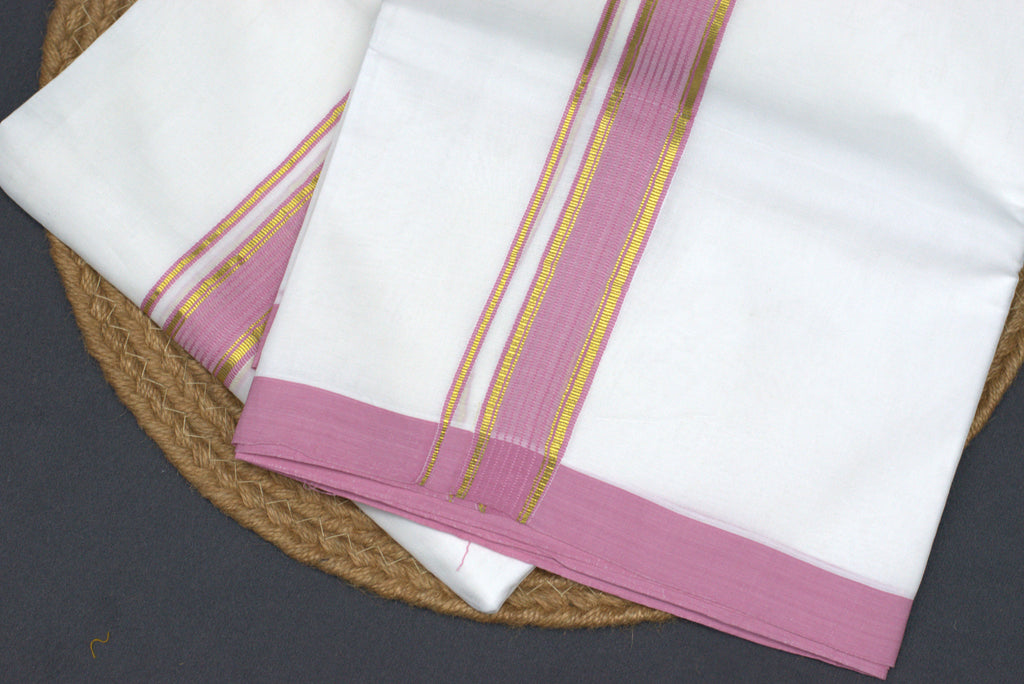 Traditional White Cotton Mundu with Rose Pink & Gold Kasavu Border