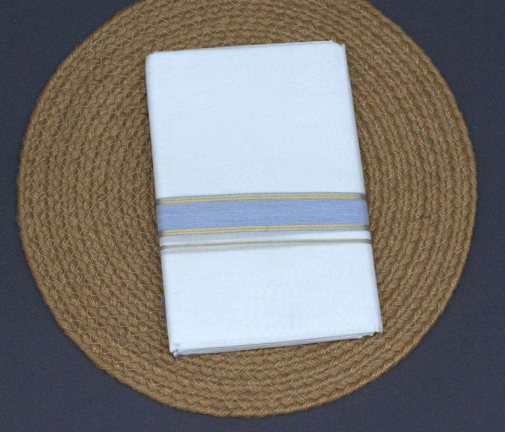 Premium White Cotton Mundu with Lavender Blue & Gold Kasavu Border