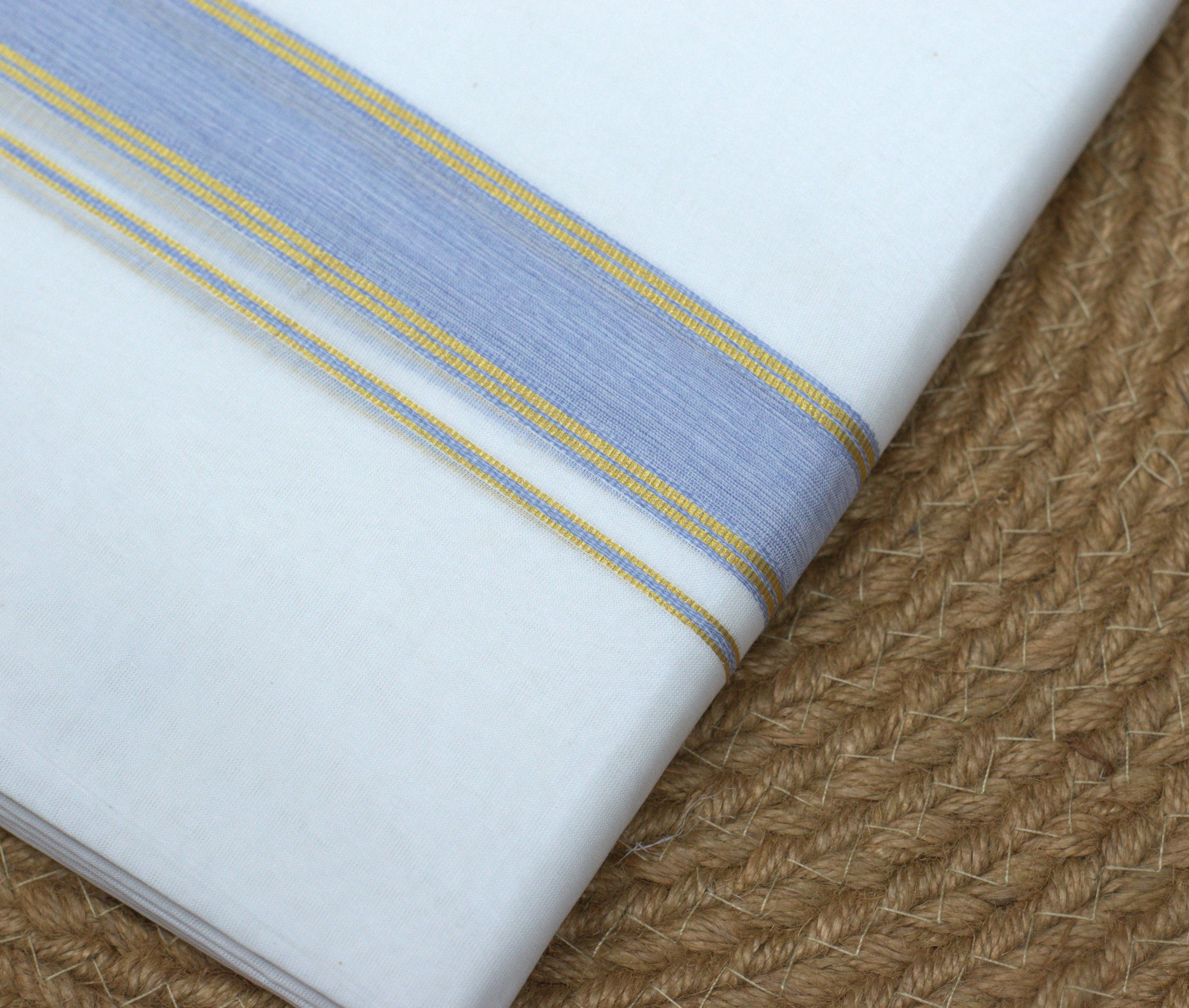 Premium White Cotton Mundu with Lavender Blue & Gold Kasavu Border