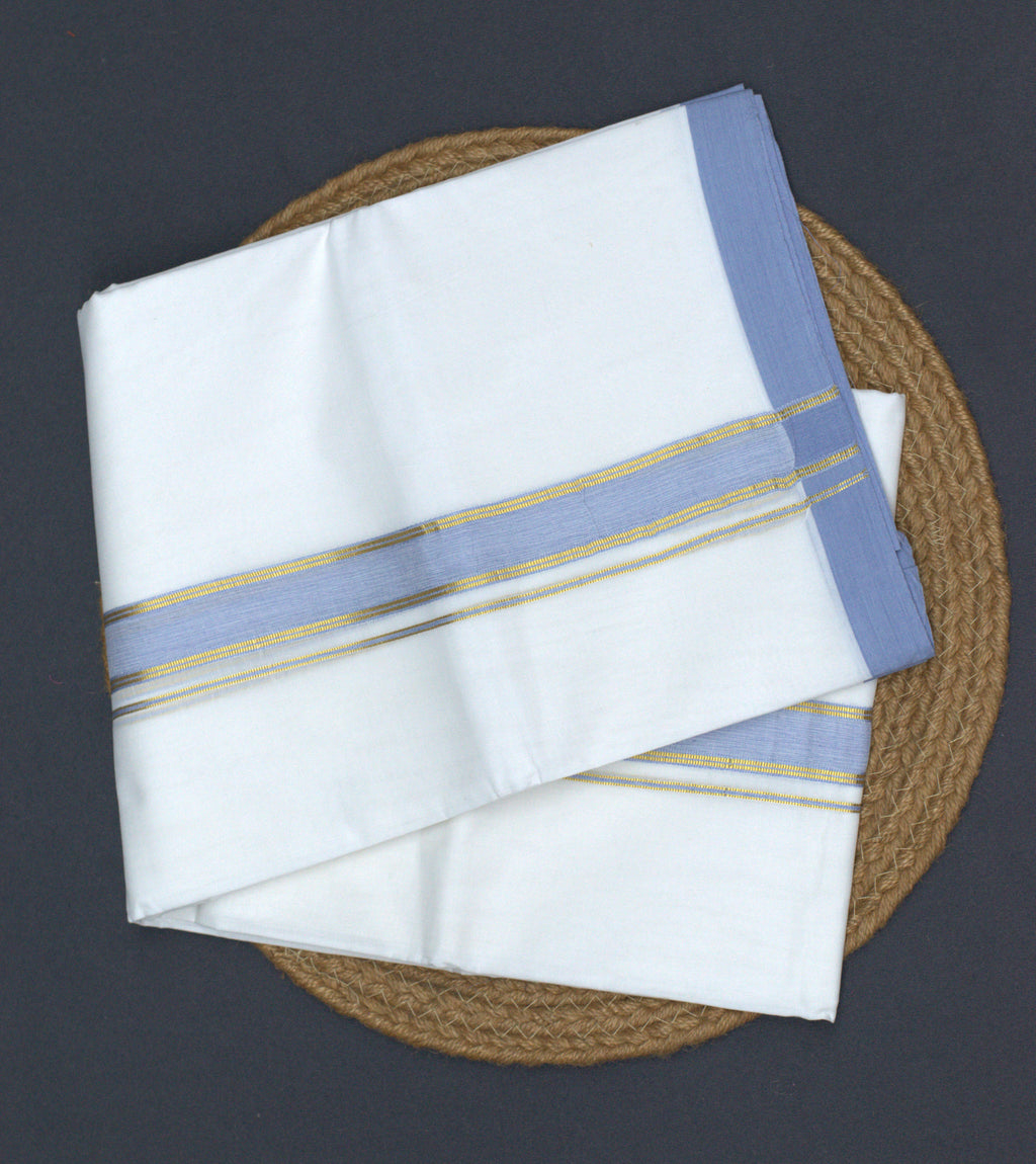 Premium White Cotton Mundu with Lavender Blue & Gold Kasavu Border