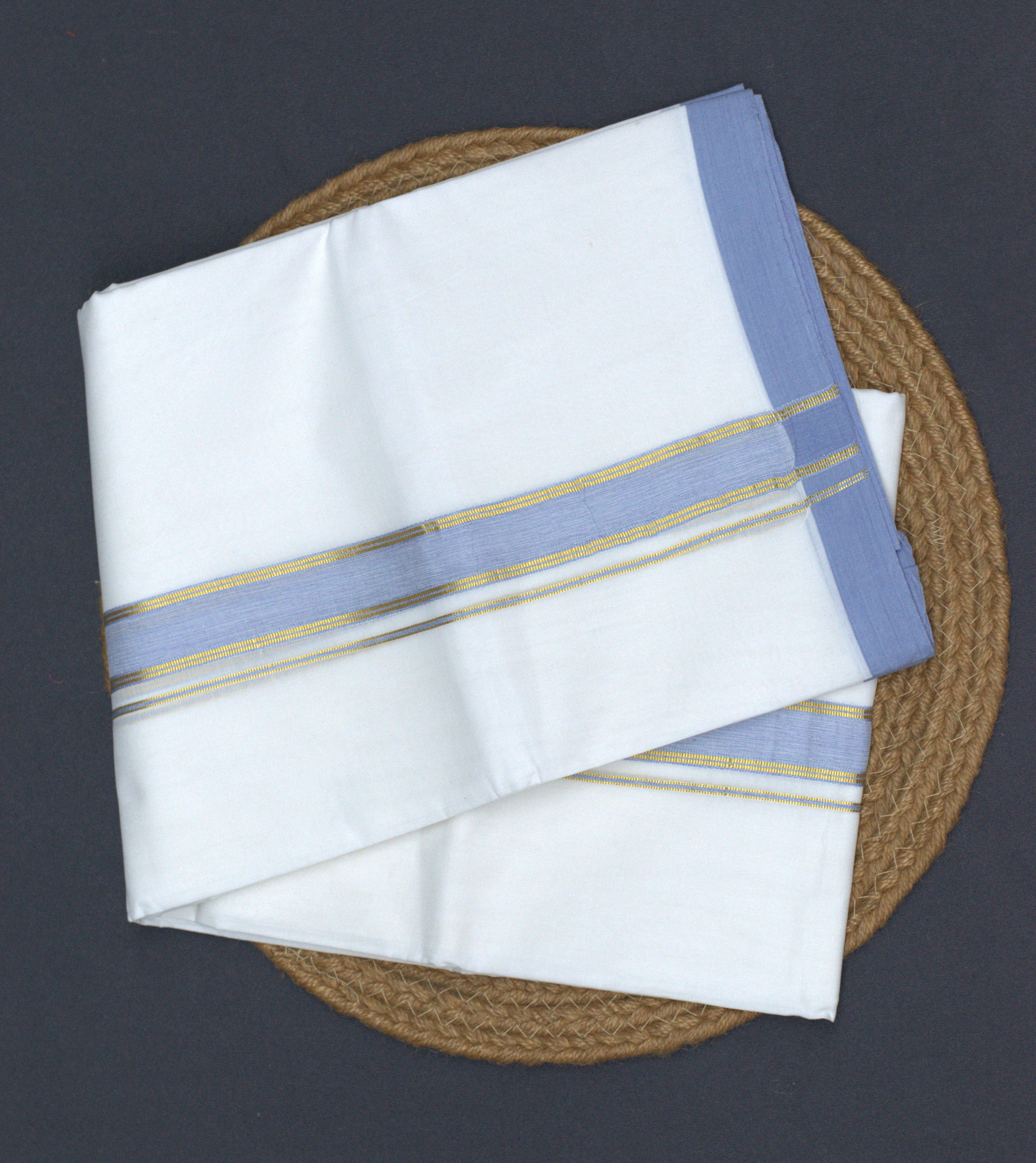 Premium White Cotton Mundu with Lavender Blue & Gold Kasavu Border