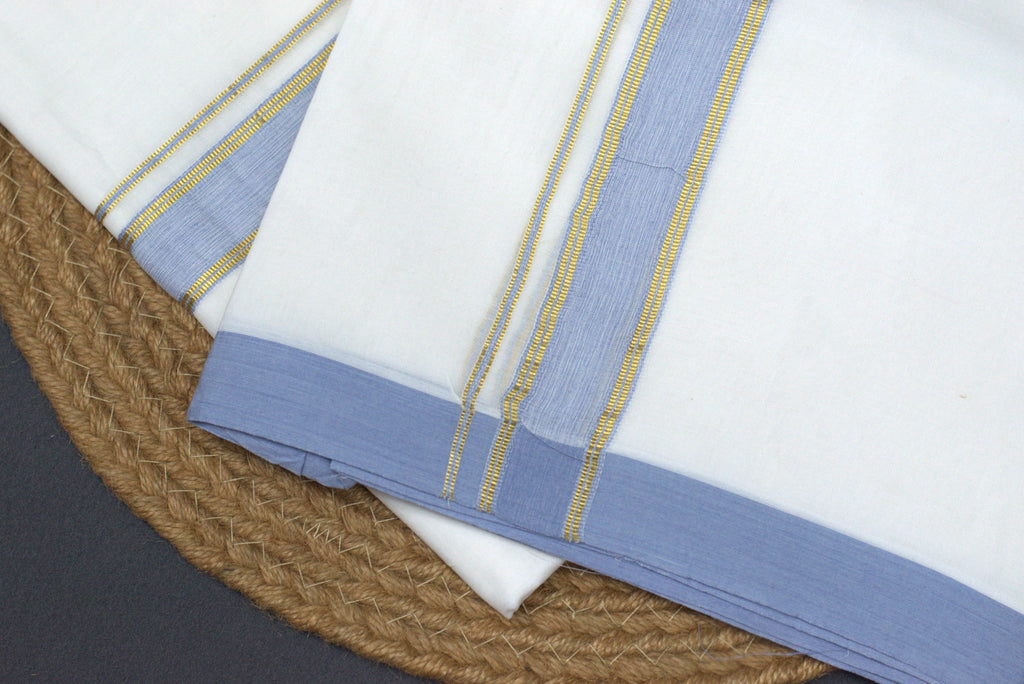Premium White Cotton Mundu with Lavender Blue & Gold Kasavu Border